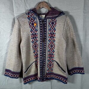 Sabra Wintuk Vintage Full Zip Hooded Cardigan Sweater Beige Fair Isle Tassel S